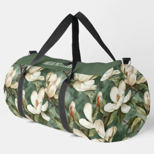 Elegant Magnolia Floral Pattern Personalised Name Duffle Bag