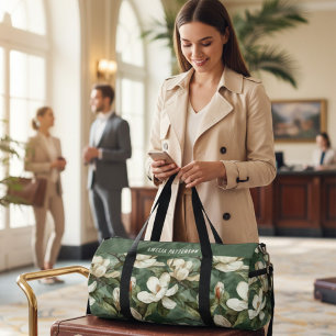 Elegant Magnolia Floral Pattern Personalised Name Duffle Bag