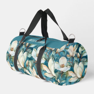 Elegant Magnolia Floral Pattern Personalised Name Duffle Bag