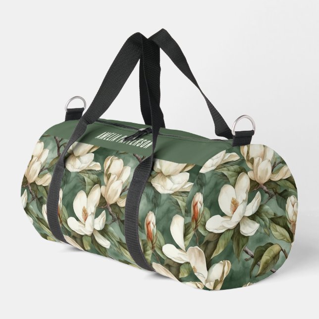 Elegant Magnolia Floral Pattern Personalised Name Duffle Bag (Left Corner)