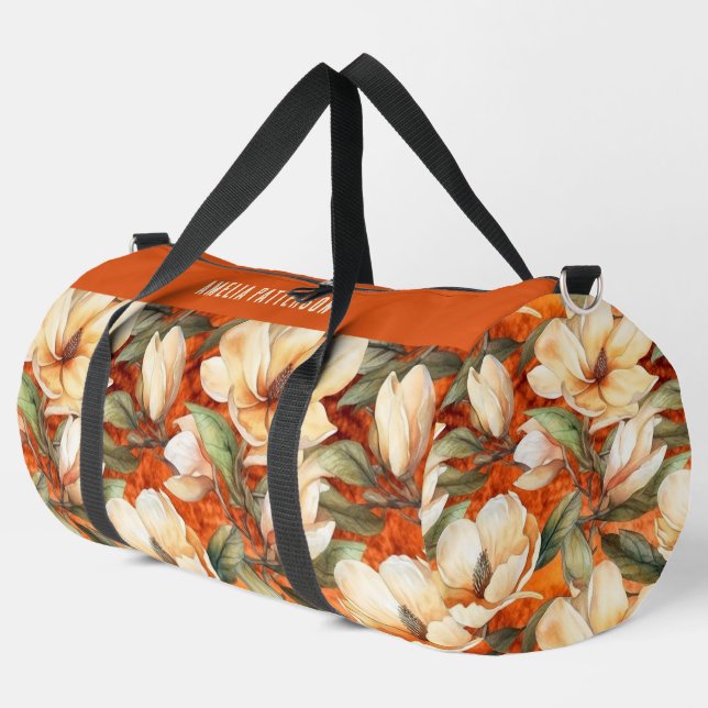 Elegant Magnolia Floral Pattern Personalised Name Duffle Bag (Left Corner)