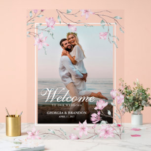Elegant Magnolia Floral Photo Wedding Welcome Acrylic Sign