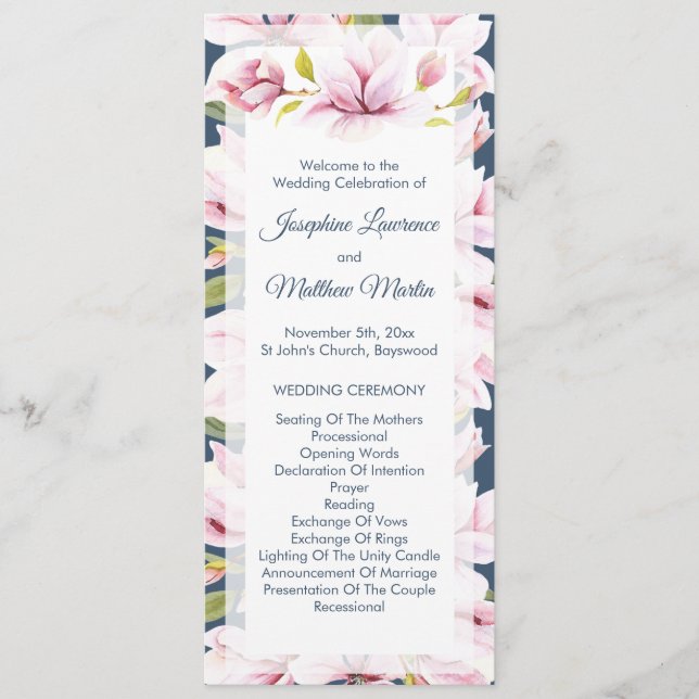 Elegant Magnolia Floral Wedding Ceremony Programme (Front)