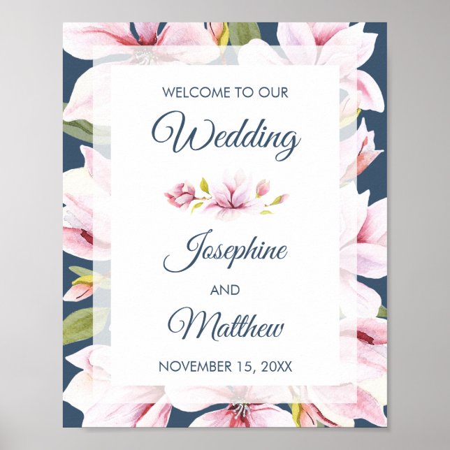 Elegant Magnolia Floral Wedding Welcome Sign (Front)