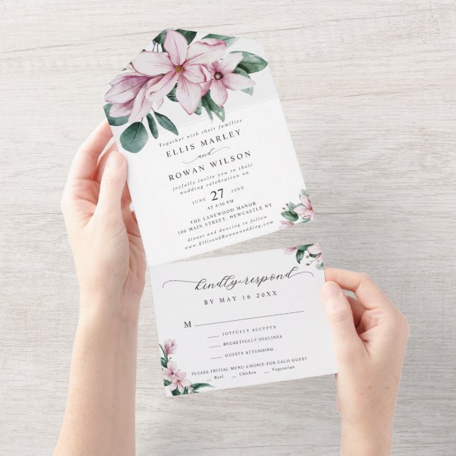 Elegant Magnolia Florals Modern Script Wedding All In One Invitation (Tearaway)