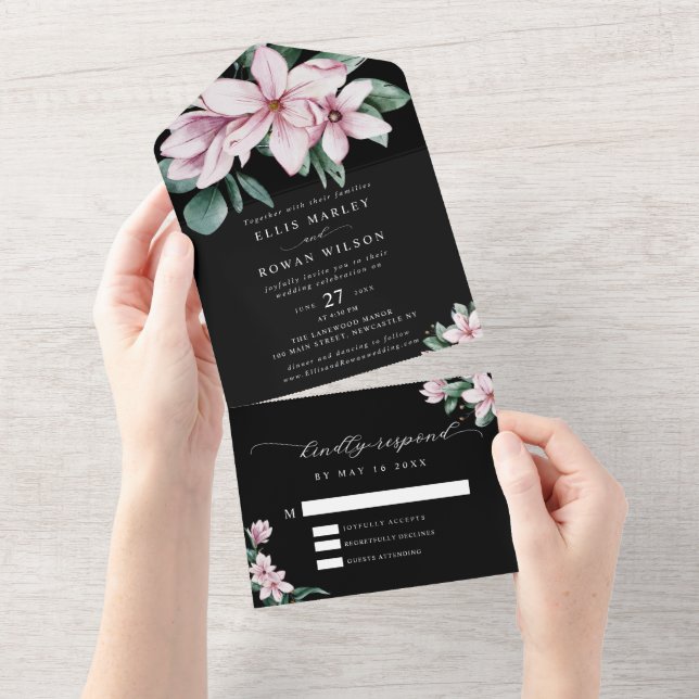 Elegant Magnolia Florals Modern Script Wedding All In One Invitation (Tearaway)