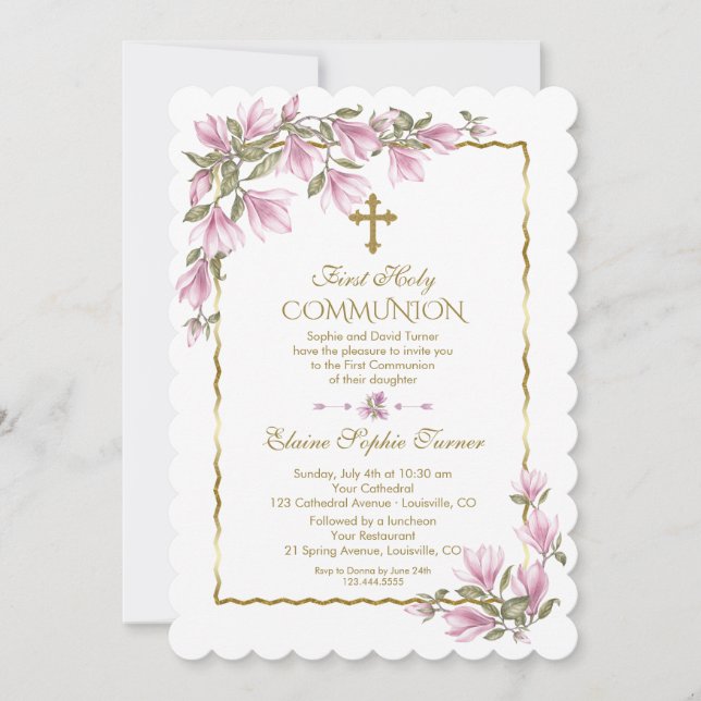 Elegant Magnolia Flowers Gold First Holy Communion Invitation (Front)