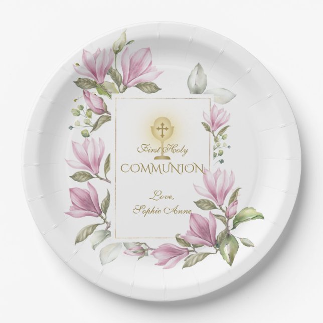 Elegant Magnolia Flowers Gold First Holy Communion Paper Plate (Front)