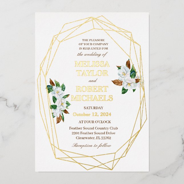 Elegant Magnolia Foil Wedding Invitation (Front)