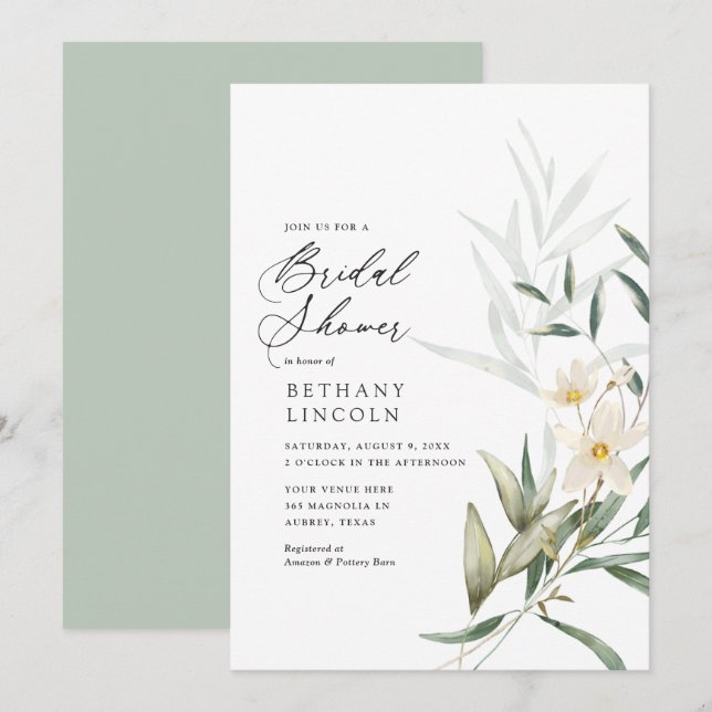 Elegant Magnolia Greenery Bridal Shower Invitation (Front/Back)