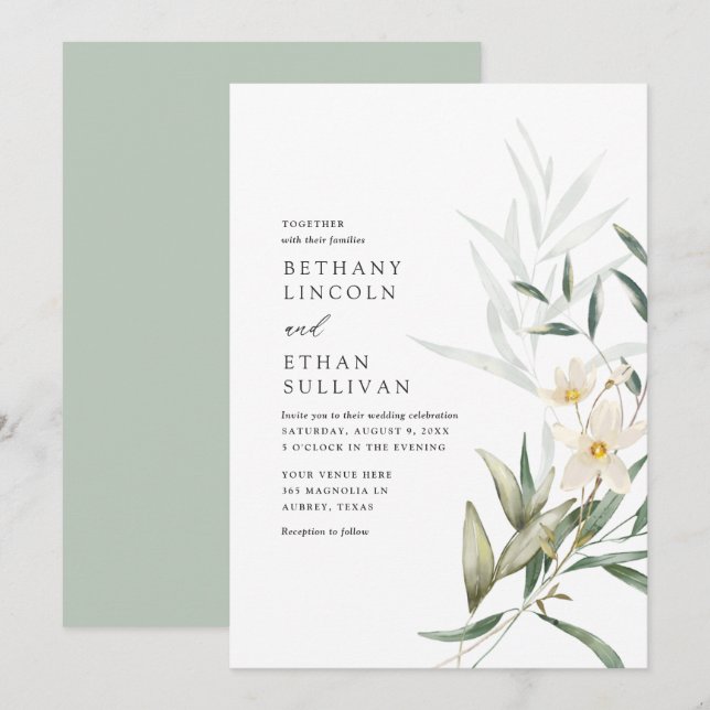 Elegant Magnolia Greenery Wedding Invitation (Front/Back)
