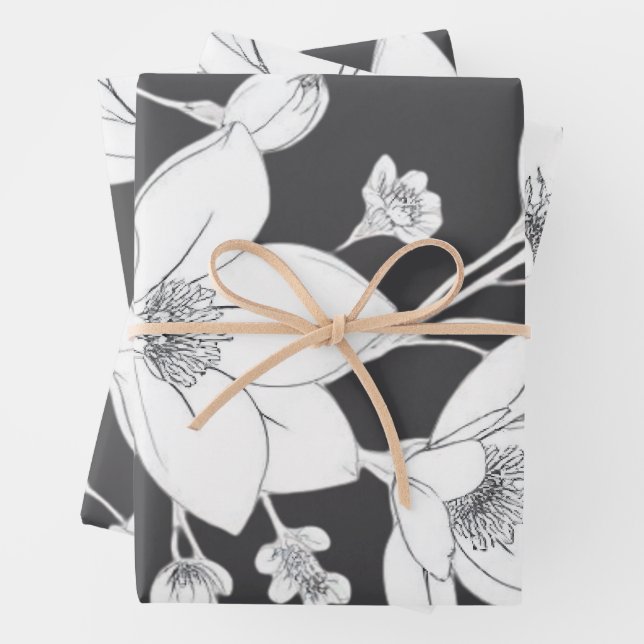 Elegant Magnolia Line Art – Minimalist Floral  Wrapping Paper Sheet (In situ)