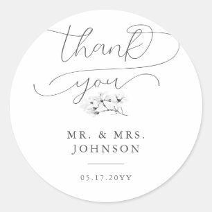 Elegant Magnolia Modern Script Wedding Thank You Classic Round Sticker