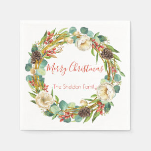 Elegant Magnolia, Pine and Berries Holiday Wreath Napkin