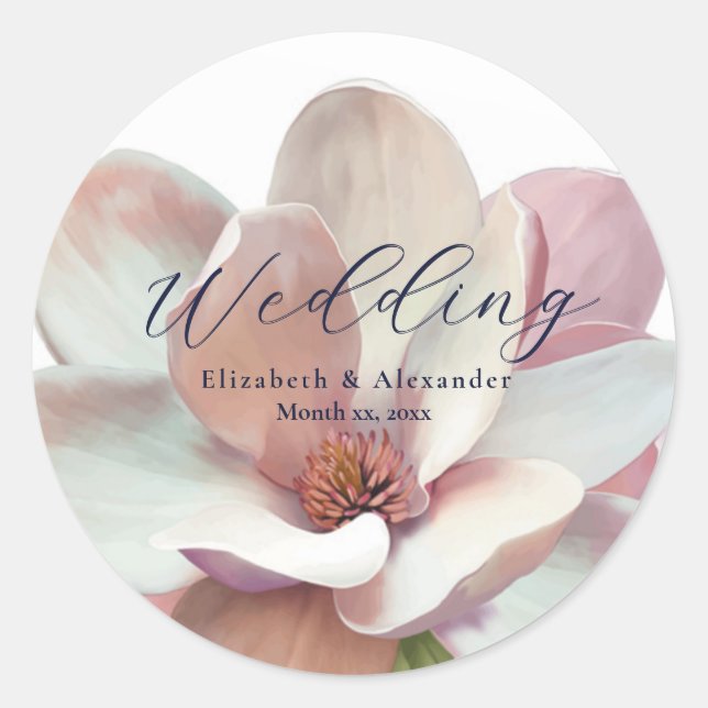 Elegant Magnolia Pink and White Wedding Classic Round Sticker (Front)