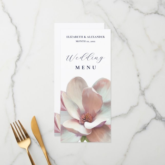 Elegant Magnolia Pink and White Wedding Menu (Front/Back In Situ)