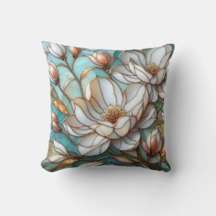 Elegant Magnolia Stained Glass Floral Mosaic Art Cushion