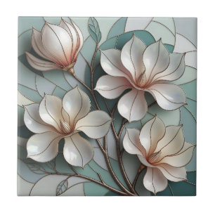 Elegant Magnolia Stained Glass Floral Mosaic Art Tile