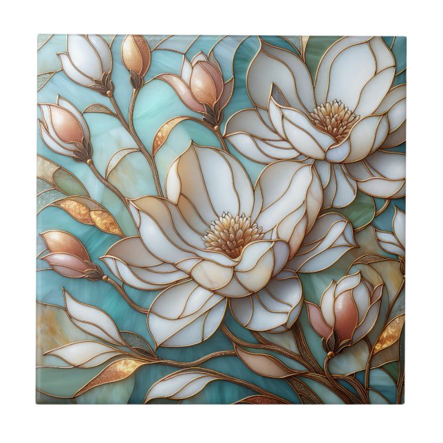 Elegant Magnolia Stained Glass Floral Mosaic Art Tile (Front)