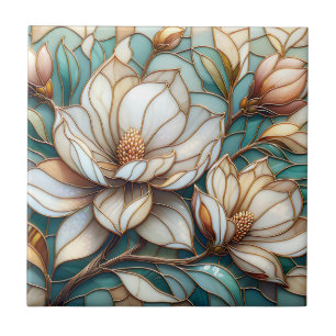 Elegant Magnolia Stained Glass Floral Mosaic Art Tile