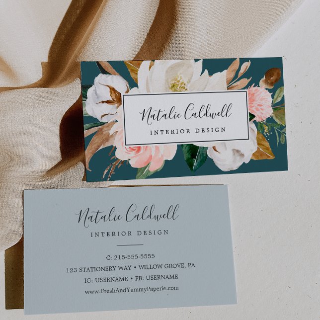 Elegant Magnolia | Teal and White Business Card (Creator Uploaded)