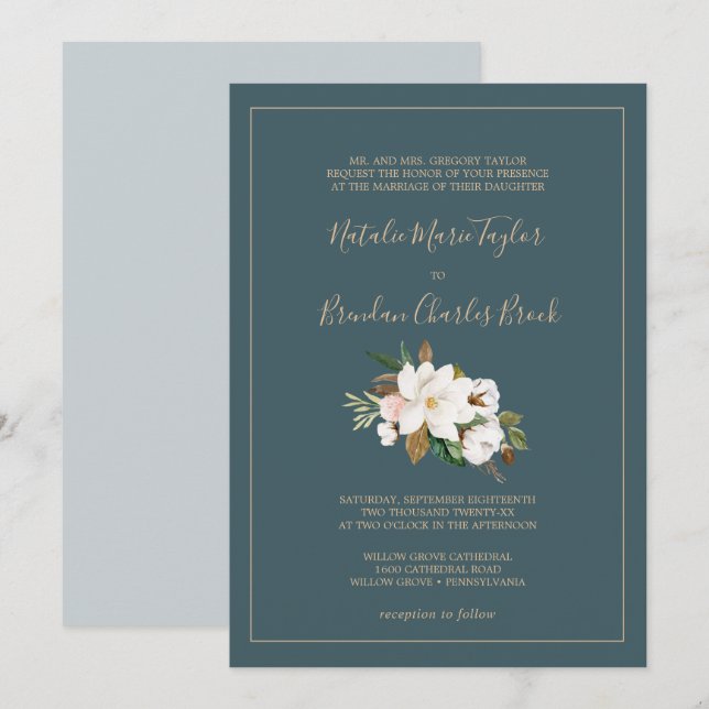 Elegant Magnolia | Teal and White Formal Wedding Invitation (Front/Back)