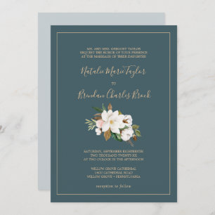 Elegant Magnolia   Teal and White Formal Wedding Invitation