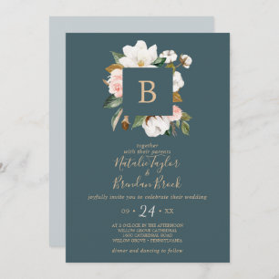 Elegant Magnolia   Teal and White Monogram Wedding Invitation