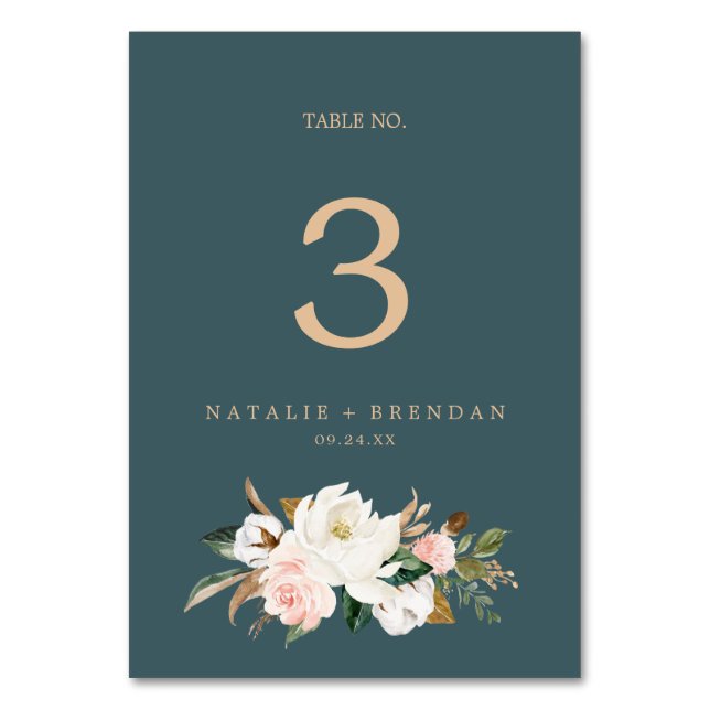 Elegant Magnolia | Teal and White Table Number (Front)
