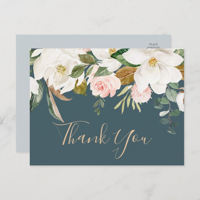 Elegant Magnolia Teal and White Thank You Postcard (Front/Back)