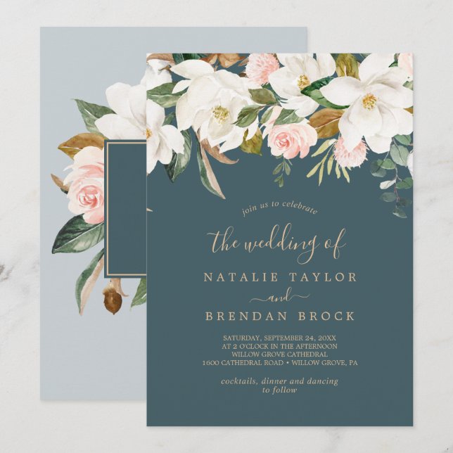 Elegant Magnolia | Teal and White The Wedding Of Invitation (Front/Back)