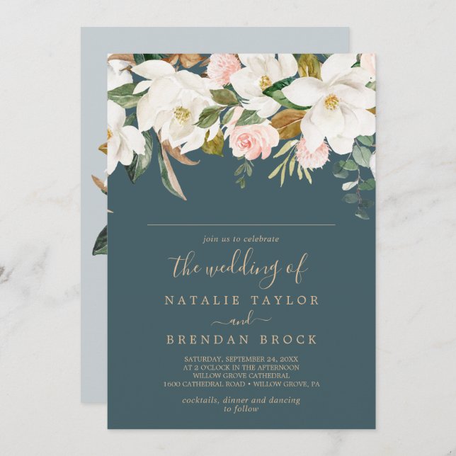 Elegant Magnolia | Teal Guest Name Wedding Invitation (Front/Back)