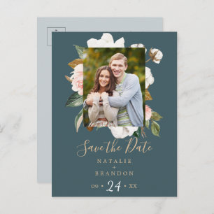 Elegant Magnolia Teal Photo Save the Date Invitation Postcard