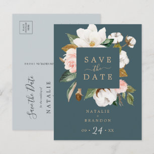 Elegant Magnolia Teal Save the Date Postcard