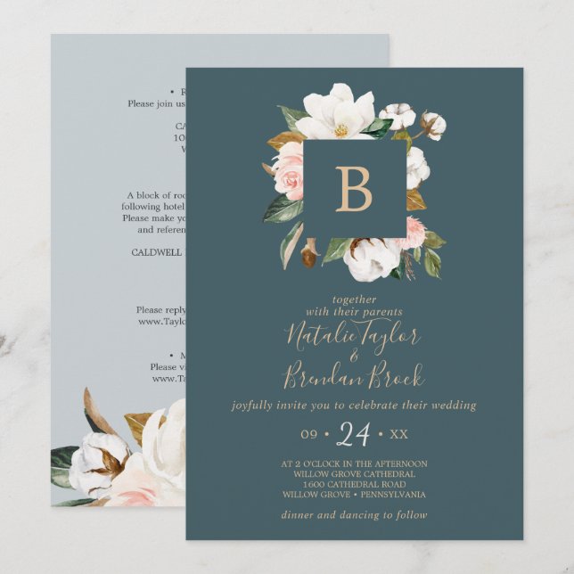 Elegant Magnolia | Teal & White All In One Wedding Invitation (Front/Back)