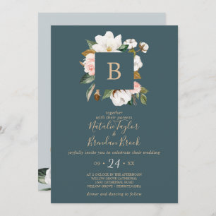 Elegant Magnolia Teal & White All In One Wedding Invitation