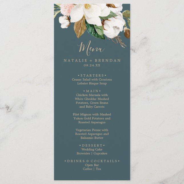 Elegant Magnolia Teal & White Wedding Dinner Menu (Front)