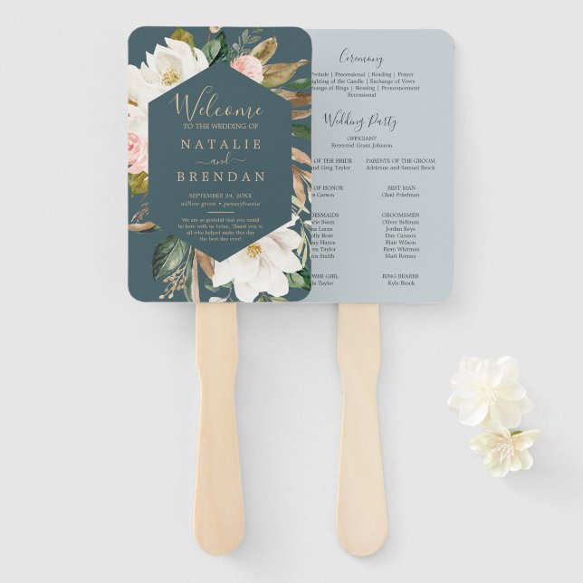 Elegant Magnolia Teal & White Wedding Program Fan (Front and Back)