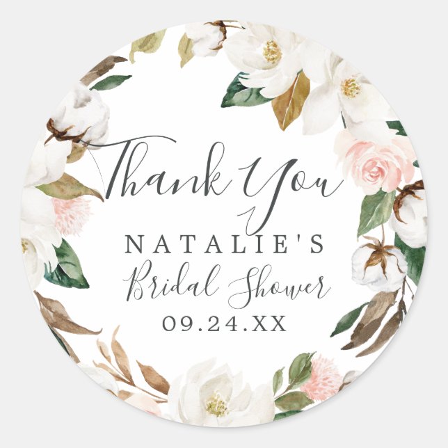 Elegant Magnolia Thank You Bridal Shower Favour Classic Round Sticker (Front)