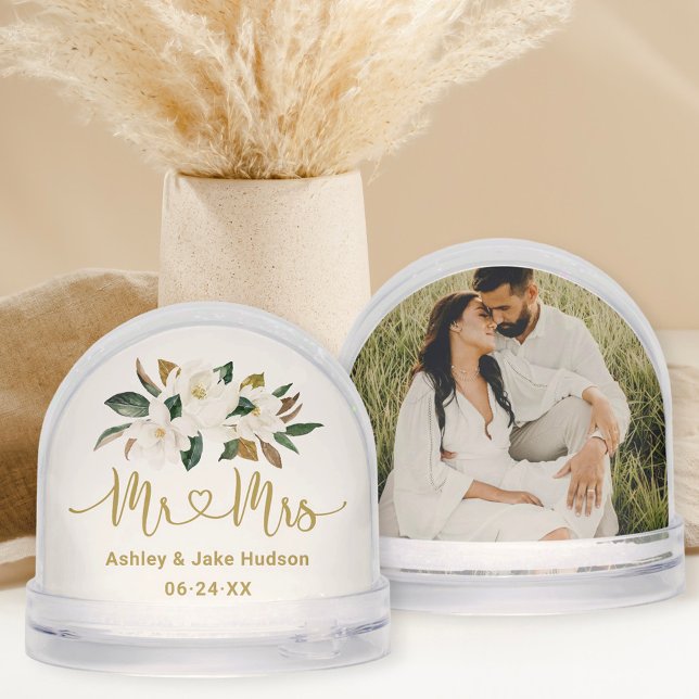 Elegant Magnolia Wedding Monogram Photo Snowglobe (Creator Uploaded)