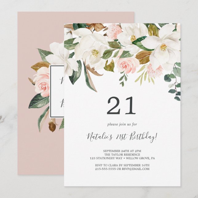Elegant Magnolia | White and Blush 21st Birthday Invitation (Front/Back)