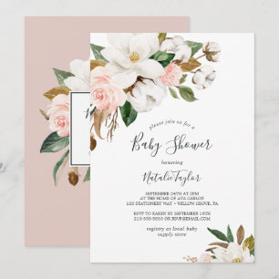 Elegant Magnolia   White and Blush Baby Shower Invitation