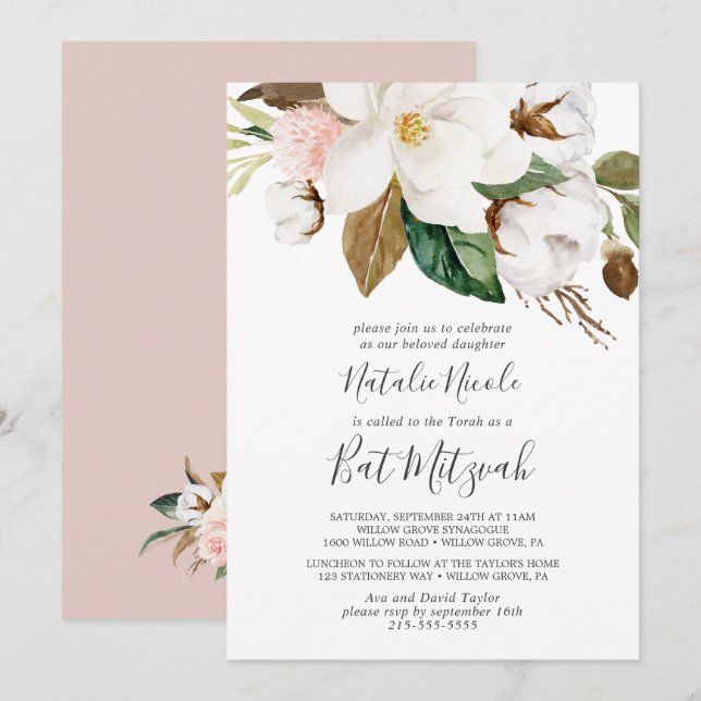 Elegant Magnolia | White and Blush Bat Mitzvah Invitation (Front/Back)
