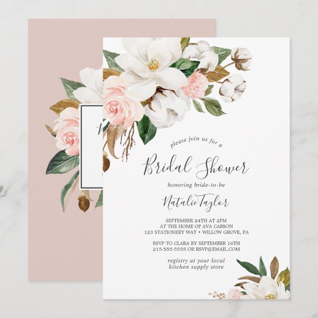 Elegant Magnolia | White and Blush Bridal Shower Invitation (Front/Back)