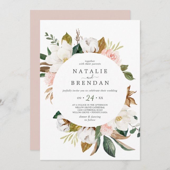 Elegant Magnolia | White and Blush Casual Wedding Invitation (Front/Back)