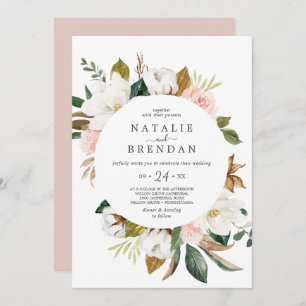 Elegant Magnolia   White and Blush Casual Wedding Invitation