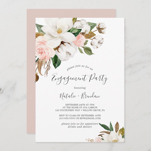 Elegant Magnolia White and Blush Engagement Party Invitation (Front/Back)