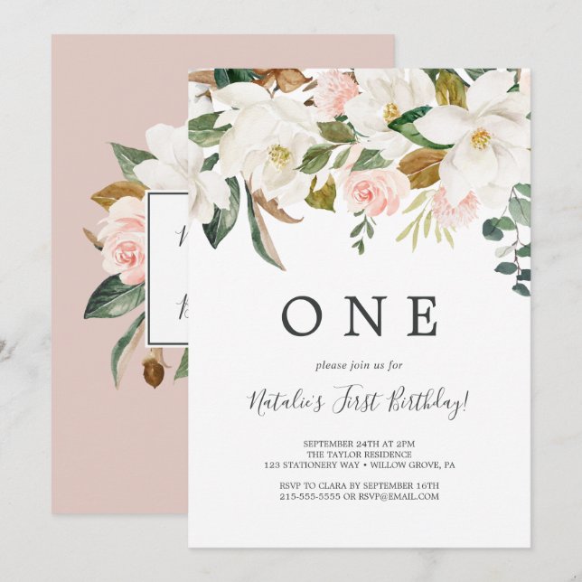 Elegant Magnolia | White and Blush First Birthday Invitation (Front/Back)