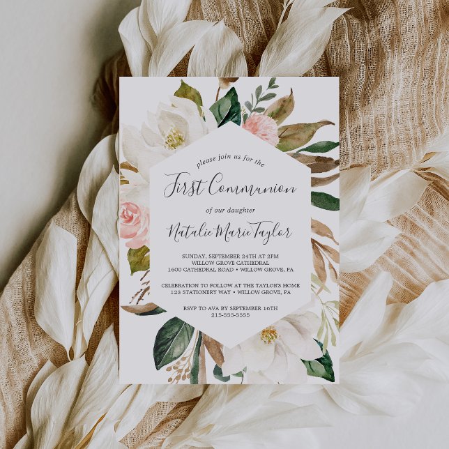 Elegant Magnolia | White and Blush First Communion Invitation (Creator Uploaded)