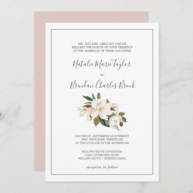 Elegant Magnolia | White and Blush Formal Wedding Invitation (Front/Back)